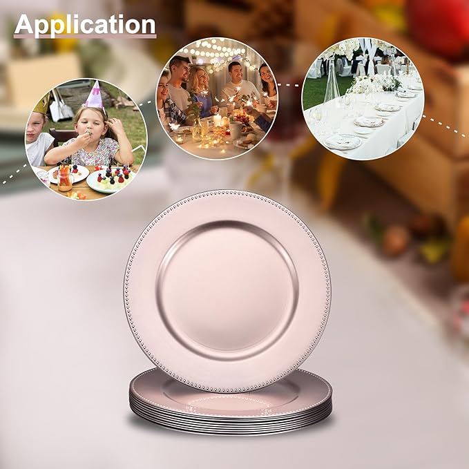 uxcell 10pcs Charger Plates Bulk 13 Inch Plastic Charger Plates Round Plate Chargers for Dinner Wedding Party Event Table Setting Decoration Rose Gold (Pack of 2)