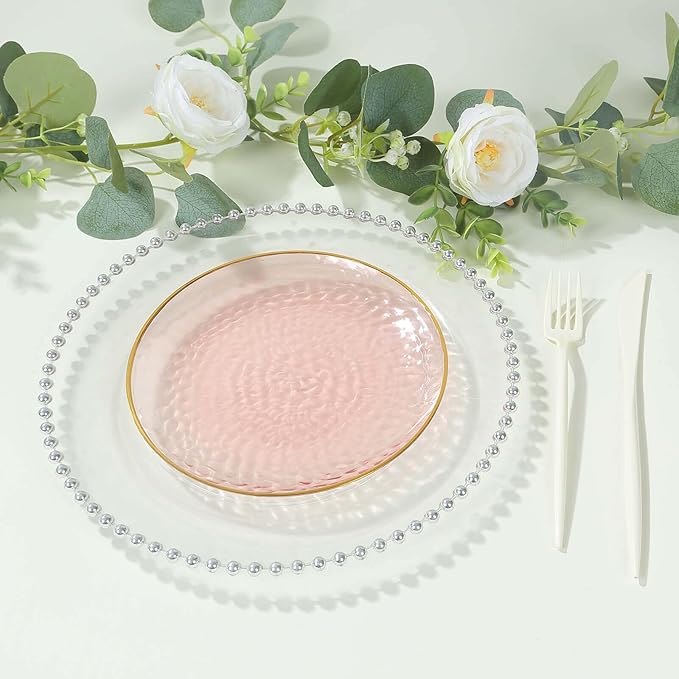 Efavormart 10 Pack | Transparent Blush Hammered 7" Round Plastic Dessert Appetizer Plates With Gold Rim, Disposable Salad Party Plate