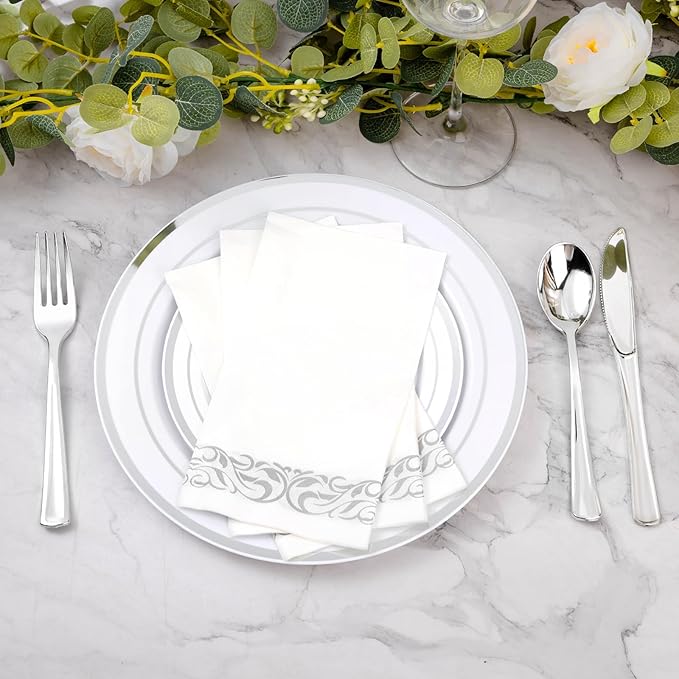BESTVIP 100 Pack Disposable Paper Napkins, 3-Ply Dinner Napkins with Silver Trim for Guests, Bathroom Paper Hand Towels Soft & Absorbent, Perfect for Christmas, Kitchen, Dinner, Party, Wedding, Event