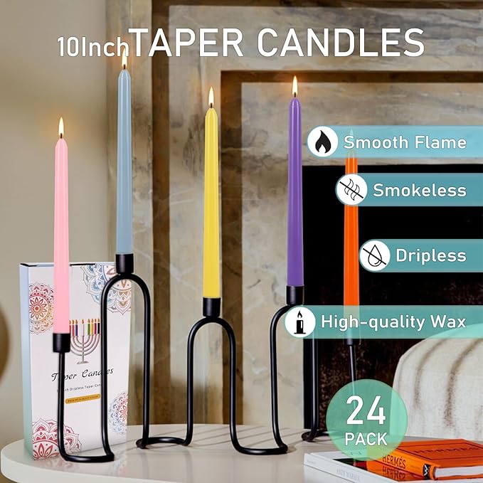 24 Pack 10" Tall Colored Taper Candles, Dripless Unscented Colorful Candlesticks for Birthdays Dinner Party Home Décor, Long Burning Spell Chime Candles for Witchcraft Ritual Prayer Meditation