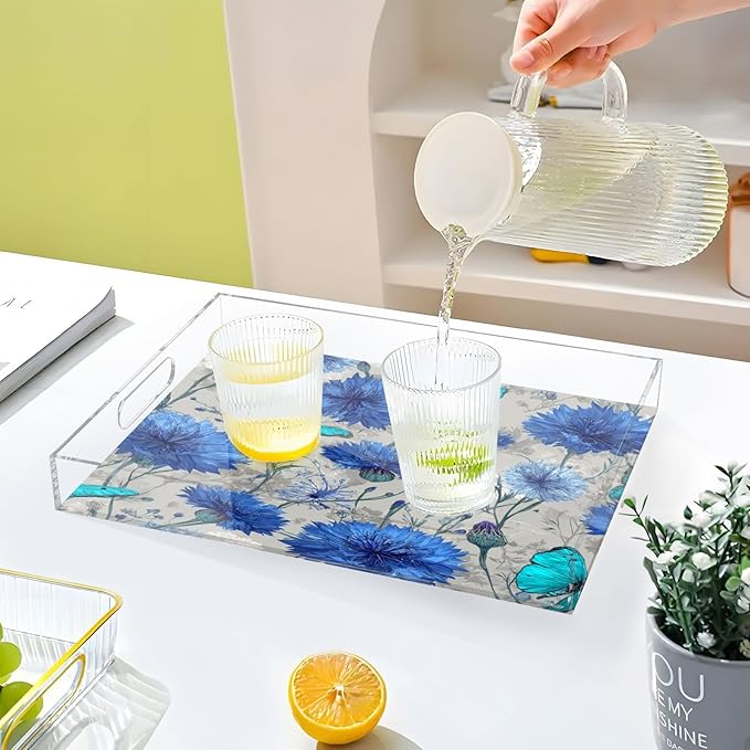 Serving Tray with Handles Clear Acrylic Tray 12x16 Inch Decorative Rectangular Tray Organizer for Ottoman Coffee Table Bathroom Vintage Blue Cornflowers and Turquoise Butterflies