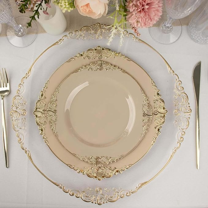 8" Salad Plates -Set of 20 - Plastic Taupe Round Baroque Disposable Chargers Leaf Embossed Rim, Ideal for Dinner Party Wedding Bulk Events