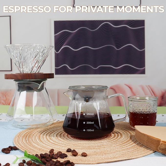 Pour Over Coffee Maker 400ml Borosilicate Glass Drip Coffeemaker Server Set with 50pcs V60 Cone Paper Filters Walnut Collar Glass Lid Clear Hand Brew Dripper Carafe for Home Camping Travel 13.5oz
