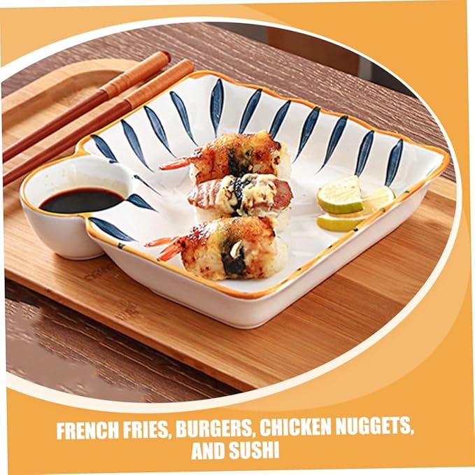 Zerodeko 2pcs Dumpling Serving Plate with Sauce Divider Japanese Style Food Platter for Noodles Sushi and Appetizers for Home and Restaurant Use