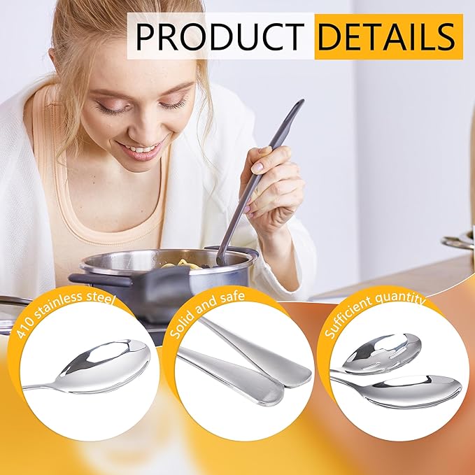 12 Pcs Stainless Steel Serving Spoon Set Including 6 Large Slotted Spoons 6 Serving Spoons Silver Utensils Cutlery Set for Kitchen Buffet Hot Pot Party, 9.9 Inch