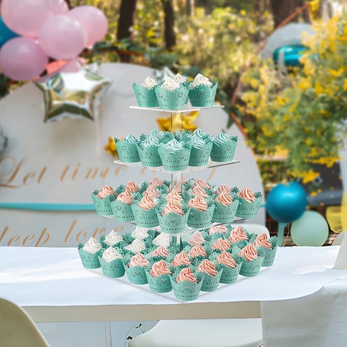 Acrylic Cupcake Stand Clear Cupcake Holder Display Stand Dessert Pastry Tower for Wedding Birthday Bar Party Décor (Square - 4 Tier)