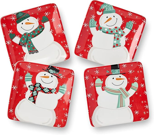 Christmas Whimsy Snowman Set of 4 Canape Plates – 6-Inch Square Ceramic Appetizer Plates Featuring Assorted Snowmen in Winter Attire – Holiday Party Ready – Microwave & Dishwasher Safe