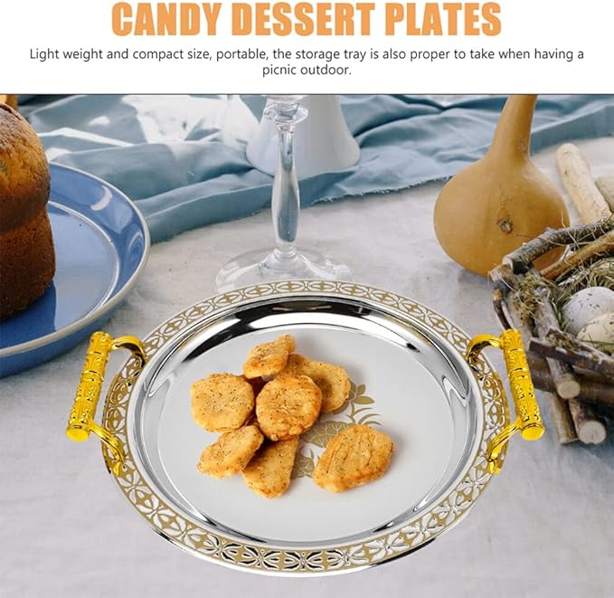 Zerodeko Stainless Steel Tea Tray Tea Serving Platter with Handles European Serving Tray Round Dinner Plate Retro Fruit Tray for Food Fruit Coffee Tea Golden, 33.5X33.5CM