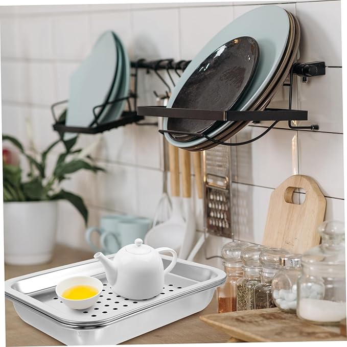 Home Kitchen Metal Tea Serving Tray Stainless Steel Teacup Holder Stacking Design