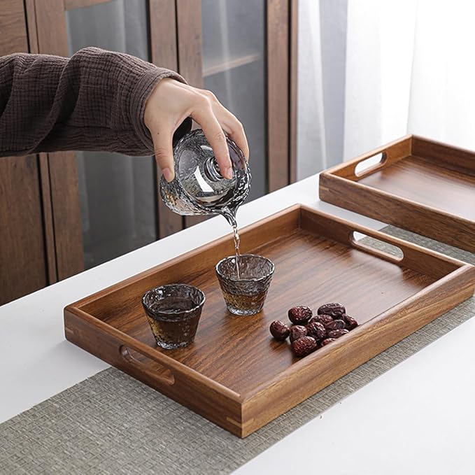 Wood Serving Tray with Handles Home Decorative Serving Trays Platter for Breakfast in Bed, Solid Wooden Serveware for Lunch, Dinner, Coffee Table, Used in Kitchen,Party and Outdoors.