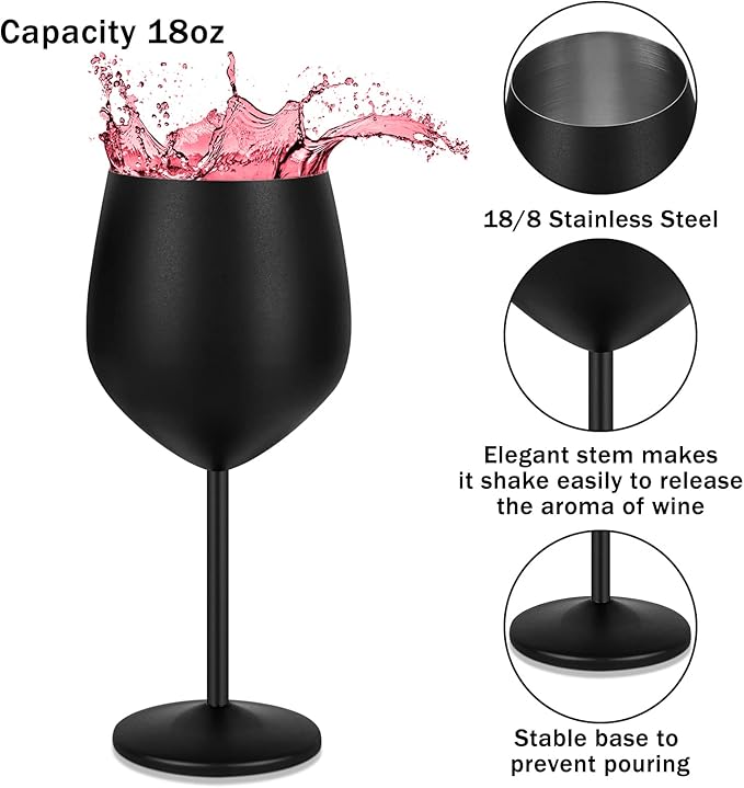 Lifecapido Stainless Steel Wine Glasses Set of 8, 18oz Stainless Steel Wine Goblet, Black Wine Glasses, Metal Wine Glasses with Cup Brush for Party Office Wedding Anniversary, Great for Red White Wine