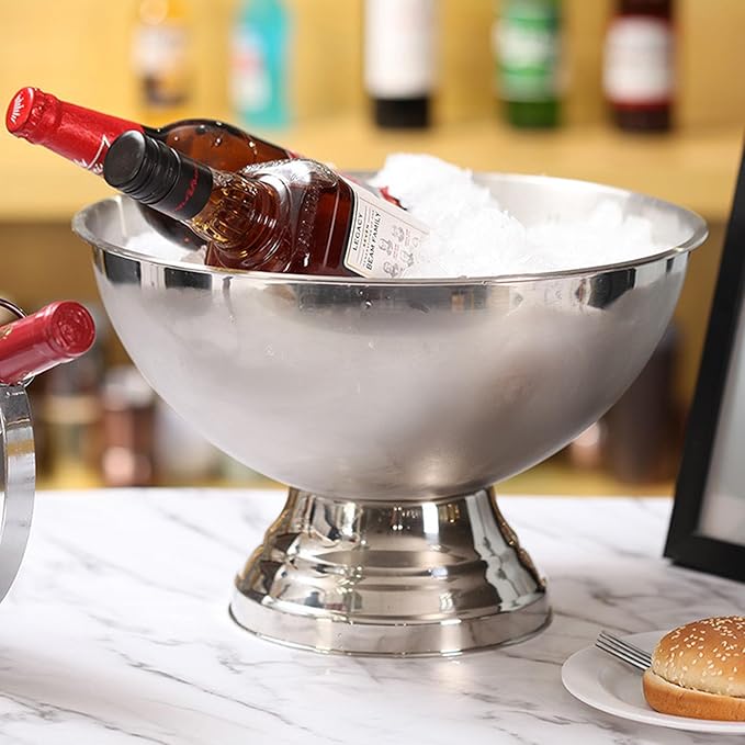 Large Ice Bucket 13L Stainless Steel Champagne Bowl Ice Bucket with Ice Scoop Semicircle Drink Tub with Integrated Base Silver Beverage Tub for Parties, Cocktail Bar, Chilling Wine (1 Pack-Silver)