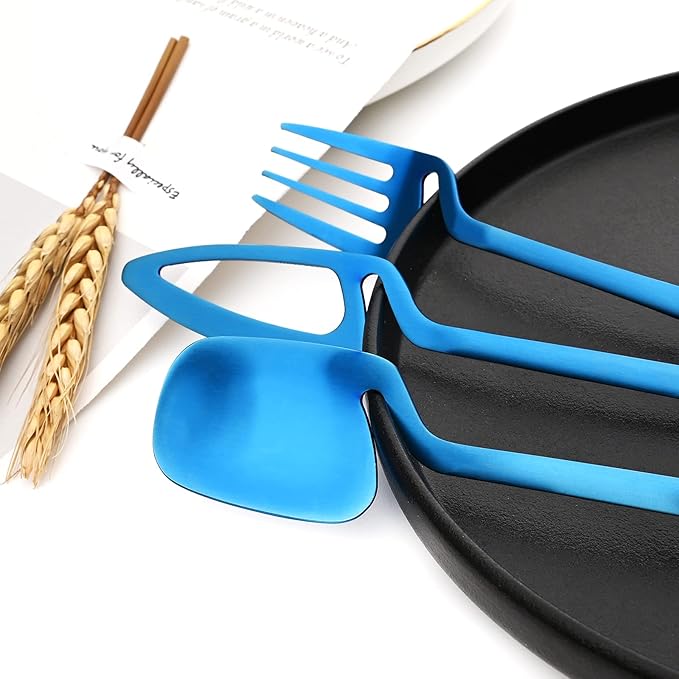24-Pieces Hangable & Cute 18/10 Stainless Steel Flatware Set, Matte Cutlery Set Kitchen Dinnerware Include Knife/Fork/Spoon/Teaspoon Service for 6, Blue
