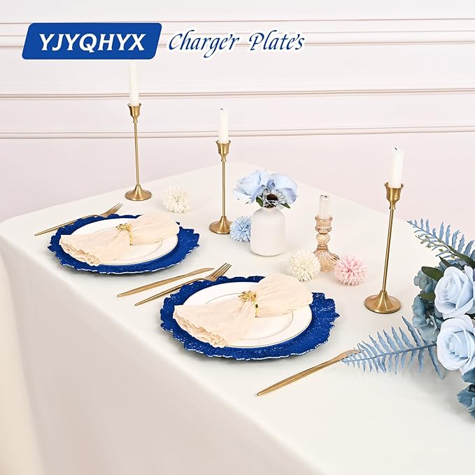 50 Pack Royal Blue Charger Plates Bulk, 13" Plastic Reef Chargers for Dinner Plates, Round Charger Plate with Floral Reef Design for Dinner Wedding Party Table Setting Decoration