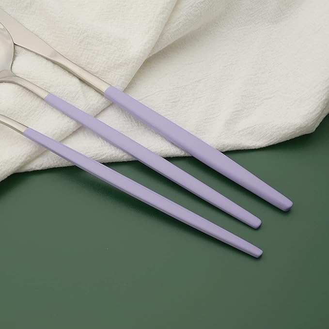 Silverware Set, 24 Pcs Stainless Steel Flatware Cutlery Set, Knives Forks and Spoons Set with Colored Handles, Rust-proof Serving Utensils, Mirror Polished, Service for 6 (Silver+Purple)