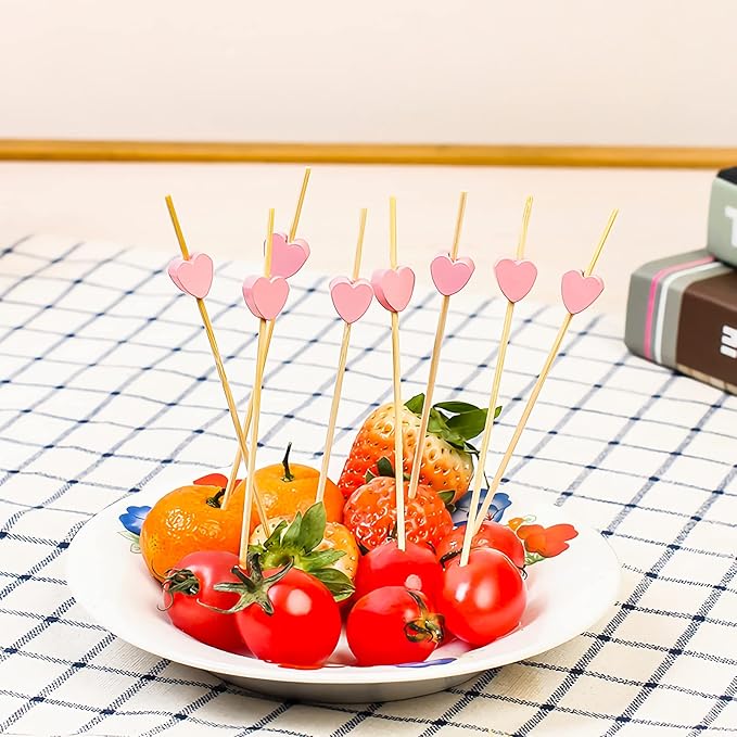 100pcs Pink Heart Cocktail Picks 4.7" Long Fruit Sticks Food Toothpicks Sandwich Appetizer Charcuterie Skewers, Made of Bamboo Wood, for Birthday Wedding Valentines Galentines Day Party Decorations