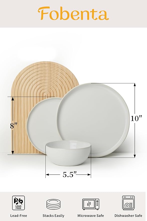 Ceramic Dinnerware Set for 4,Reactive Glaze Plates and Bowls Sets,Microwave Safe,Chip-Resistant Dish Set,Perfect for Modern Dining,Farmhouse Style (Fog White, Service for 4 (12pcs))
