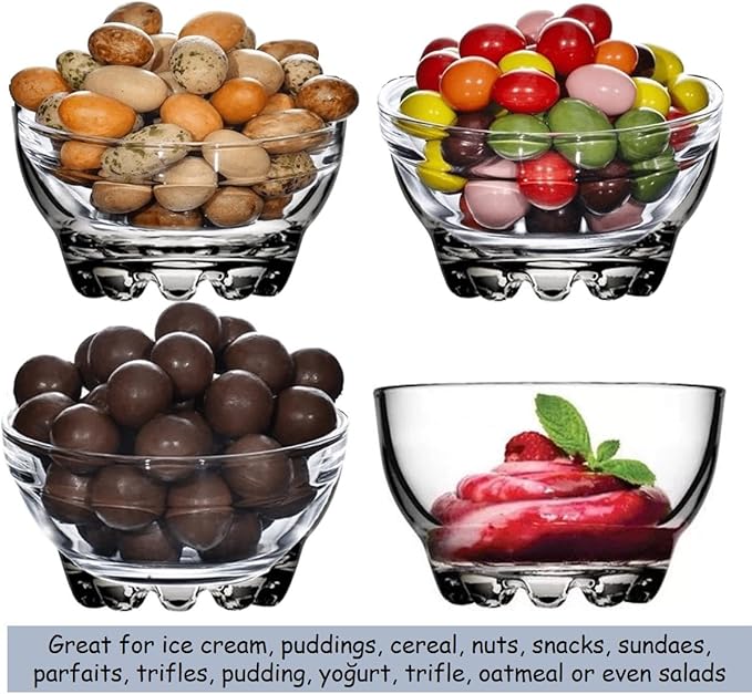 BOHEM'S Clear Glass Bowls Set for Kitchen, Small Serving Bowls for Dessert, Snack, Cereal, Fruit, Nuts, Ice Cream, Dipping Prep Bowls, 9.5 oz, Set of 4 (Clear with Lids)