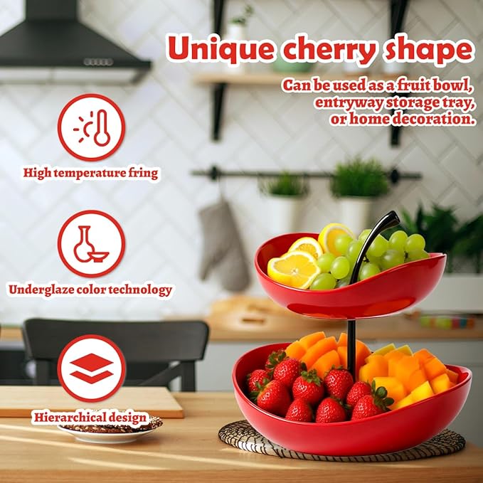 2 Tier Ceramic Fruit Bowl,Red Fruit Plate,Dessert Bowl,7 inch Color contrasting Snack Platefor Living Room Coffee Table Snack Plate Pastry Plate Beauty Salon Fruit Plate Christmas Party