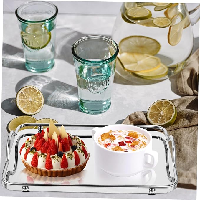 PRETYZOOM Silver Serving Tray for Coffee Bar Wedding Stainless Steel Rectangular Tray Handles