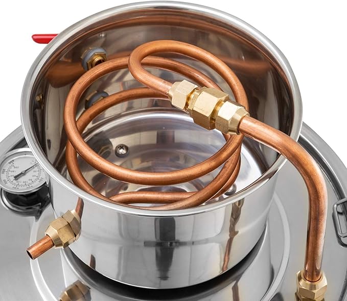 Stainless Distiller, 6 L (1.6 Gal) Capacity, Complete Kit with Thermometer - For Water & Steam/Essential Oil Distillation (External Heat Source) (1.6 Gal (6L))