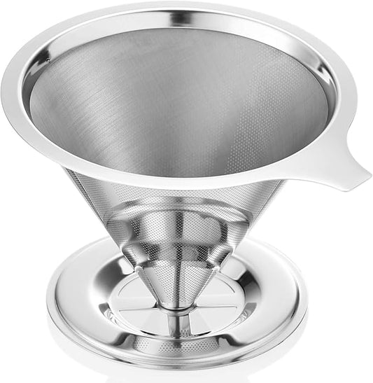 Pour Over Coffee Dripper, Fine Mesh Double Layer Stainless Steel Coffee Filter, Metal Cone Pour Over Coffee Filter Single Cup Coffee Maker 1-2 Cup