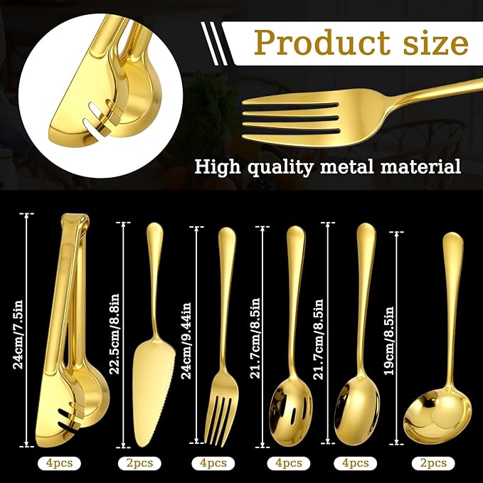20 Pcs Gold Serving Utensils, Stainless Steel Serving Utensil Set Included Spoons Forks Tongs Slotted Spoon Ladle Cake Server for Kitchen Catering Banquet Wedding Buffet Party