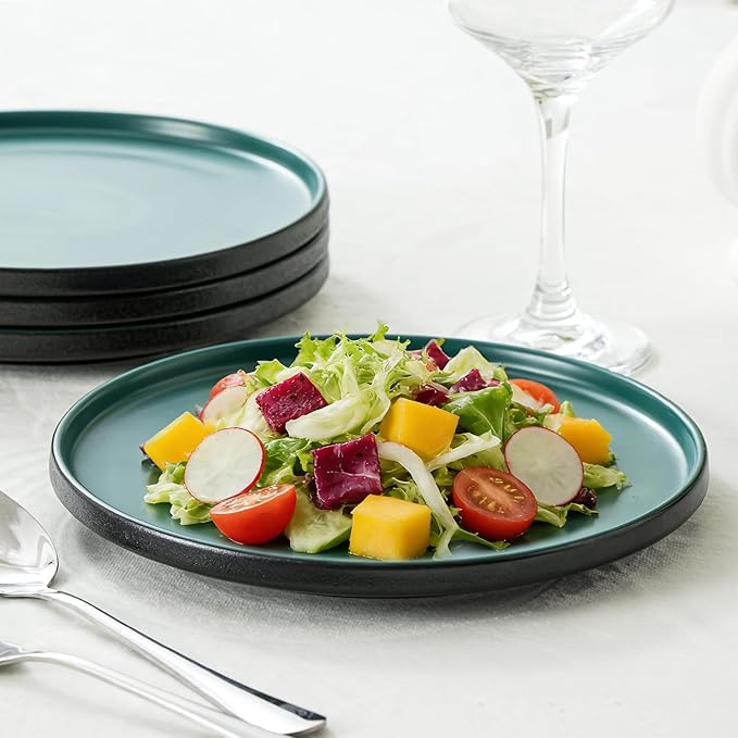Salad & Dessert Plates, 8 Inch Small Dinner Plates Sets for 4, Dishwasher & Microwave Safe, Porcelain Dinner Dishes for Cake, Fruits, Waffle, Pasta, Salad, Modern Green