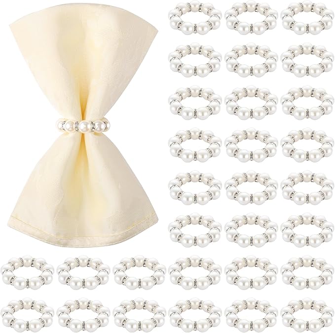 Suream Silver Napkin Rings, Set of 30 Imitation Pearl Napkin Ring for Formal Wedding Dinner Home Decor Party Supplies(White & Silver)