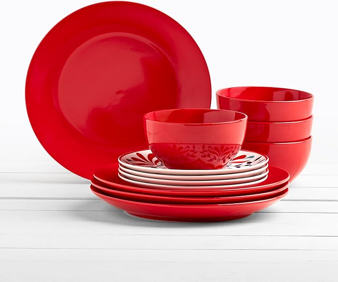 Tabletops Gallery 12-Piece Camila Patterned Ceramic Dinnerware Set of Kitchen Dishes, Dinner Plates, Cereal Bowls, Service for 4, Red