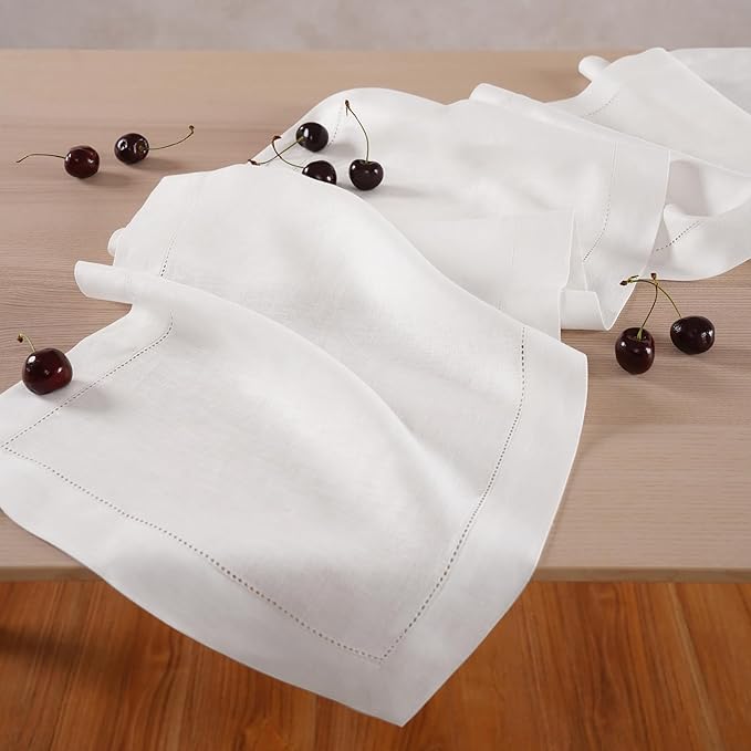 Home Ekaa 100 % Pure Linen White Table Runner 72 inches Long – Washable Hemstitch 14 x 72 Inch Table Runner for Dining, Christmas, Fall, Winter, Holiday & New Years Decor – Elara