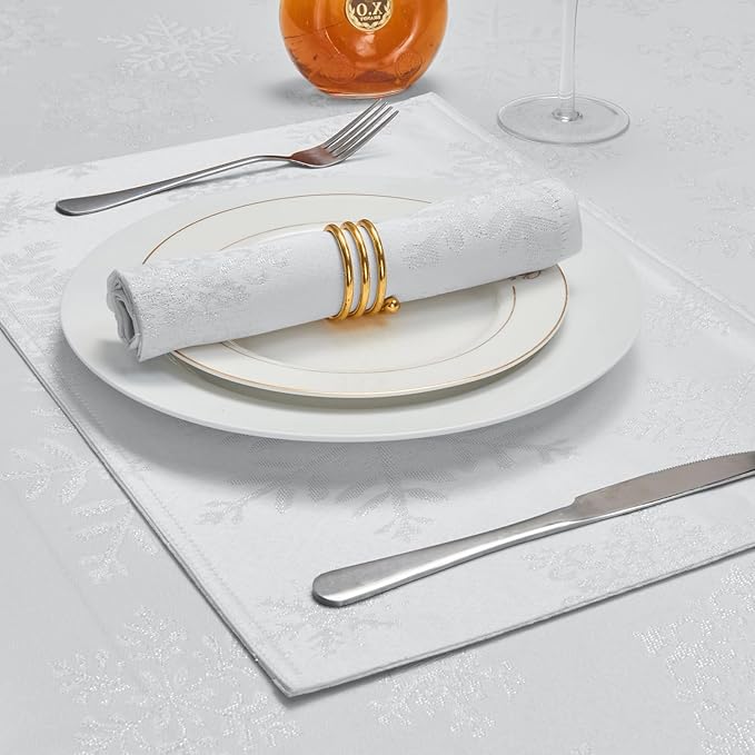 Rectangle Fancy Metallic Sparkling Snowflake Christmas Fabric Table Cloth red Hunter Gold Navy White Silver No-Iron Soil Resistant Woven Holiday Table Cover(White Silver/60x144Inch)