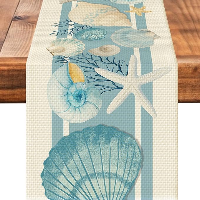 Seashells Starfish Table Runner Seasonal Holiday Kitchen Dining Linen Table Decoration for Indoor Outdoor Home Party Decor 13 x 72 Inch