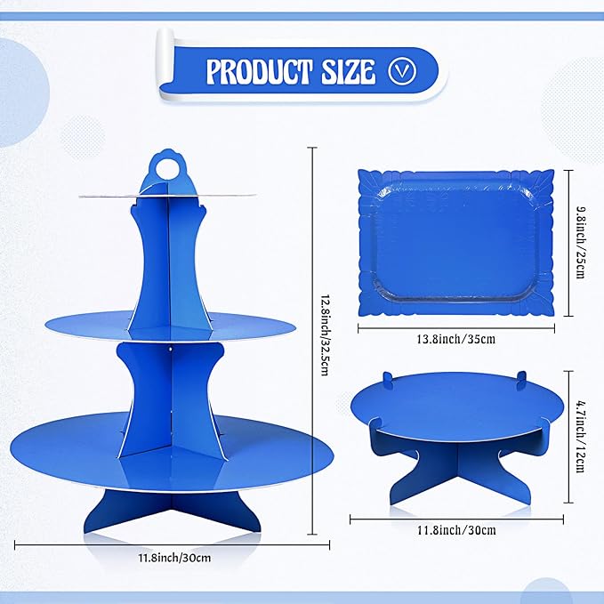 Zopeal 7 Pcs Dessert Table Display Set 3-Tier Cupcake Stand 1-Tier Cup Cake Display Tower Platters and Serving Trays Cardboard Cake Cookie Holders for Wedding Birthday Party Baby Shower(Blue)