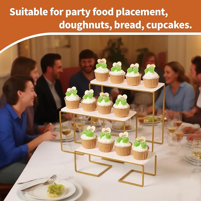 12 Inch 3 Tier Serving Stand Polypropylene Serving Platter Tier Serving Trays with Collapsible Sturdier Rack, Serving Dishes and Platters for Thanksgiving, Christmas, Entertaining, Gold,