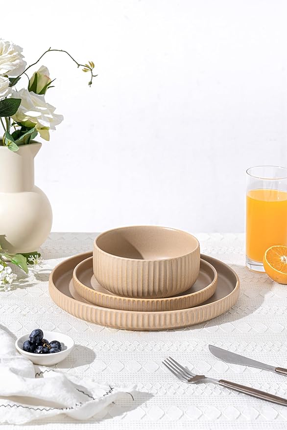 Dinnerware Sets for 4,Microwave Safe Plates and Bowls Sets,12 Piece Dylan Dish Set,Reactive Glaze Stoneware Dinnerware Set (Matte Reactive Khaki Beige, Service for 4 (12pcs))