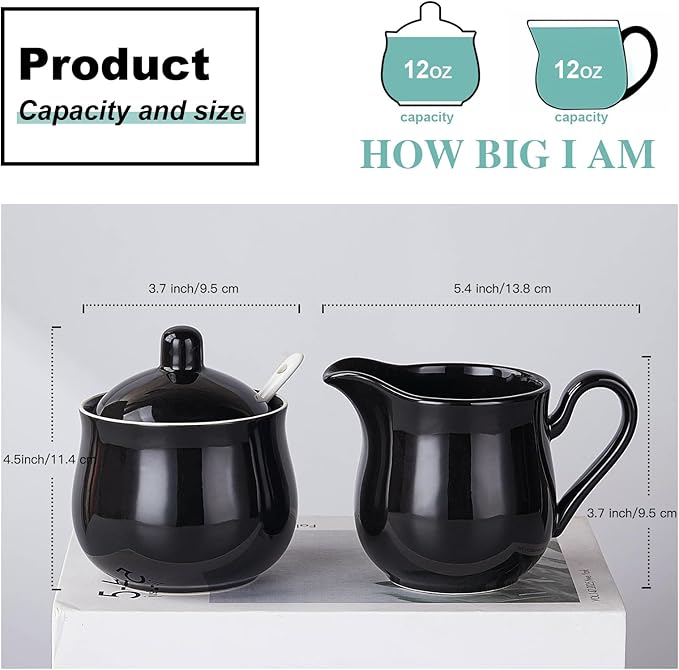 12 OZ Ceramic Sugar and Creamer Set, Coffee Serving Set, 5 Piece Cream Pitcher Sugar Bowl with Lid and Spoon (Black)