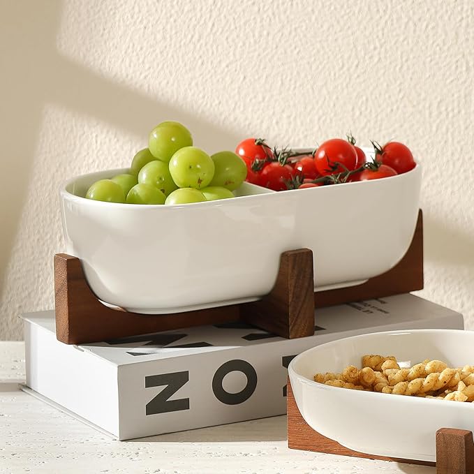 Chip and Dip Serving Bowl with Acacia Wood Base, Ceramic Serving Bowl for Home Decor(2-Compartment Bowl), 10.5 inch Divided Bowl for Snack, Dessert, Fruit, Veggies