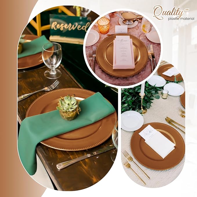50 Pcs Brown Charger Plates Bulk, 13" Round Beaded Plate Chargers for Dinner Plates, Decorative Dinner Chargers Plastic Table Chargers for Wedding Holiday Party Baby Shower Event Decoration (Brown)