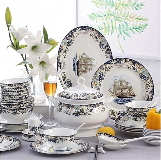 Dinnerware Sets Dish Set,58 Pcss,Bone China Porcelain Tableware Set with Plates Bowls and Dish,Sailboat Pattern Ceramic Dinner Set