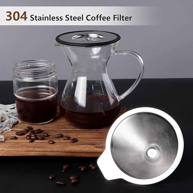 LHS Pour Over Coffee Dripper Reusable Coffee Filter Metal Cone Filter Paperless Coffee Filter Stainless Steel Pour Over Coffee Maker Single Cup Brew Coffee Filter