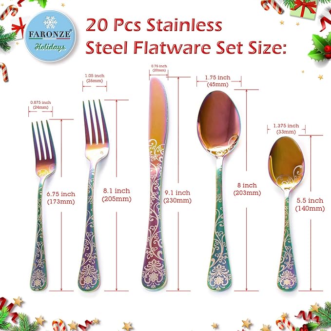 20 Pieces Stainless Steel Flatware Set for 4 People Knives Forks Spoons Set, Vintage Pattern Design, Mirror Polish and Dishwasher Safe (05-COLORFUL-SET 20)