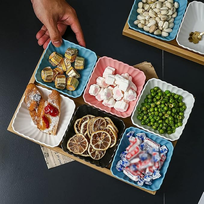 Appetizer Bowls 6 Compartment Divided Ceramic Sauce Dish Dipping Bowls Fruit Dessert Small Dish Appetizer Plates for Soy Sauce Vinegar Sushi Kethup BBQ Sauces(with Tray) Salad Bowls ( Color : Pink )