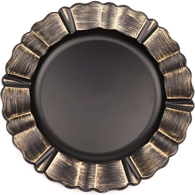 Efavormart Set of 6-13" Round - Black Plastic Charger Plates With Waved Scalloped Rim for Wedding, Outdoor Receptions, Banquets, Holiday Dinner plates Chargers