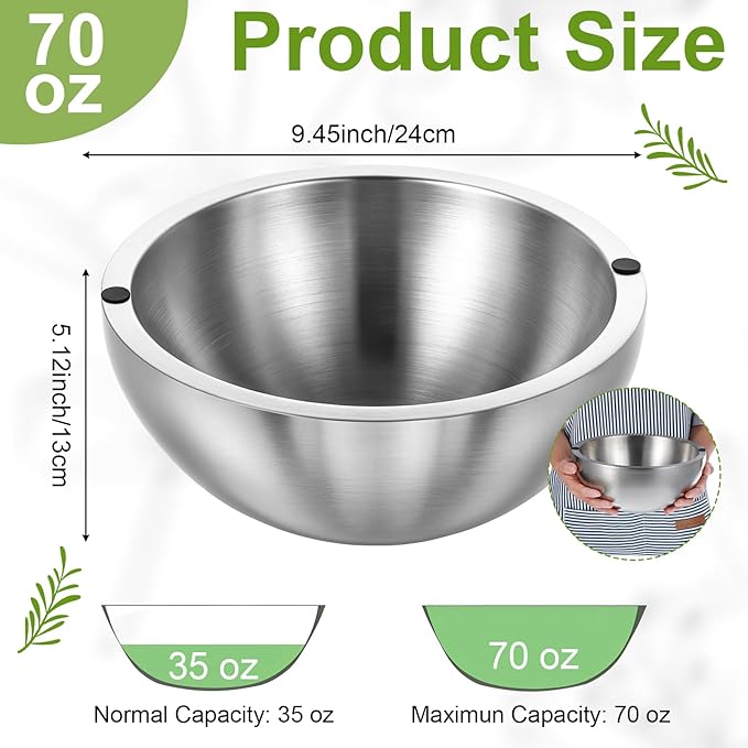 Dip Bowl,Large 70 oz Heat Insulated Stainless Steel Bowls Ideal for Guacamole Salsa,Double Walled Insulated Cold or Hot Serving Bowl for Parties outdoor