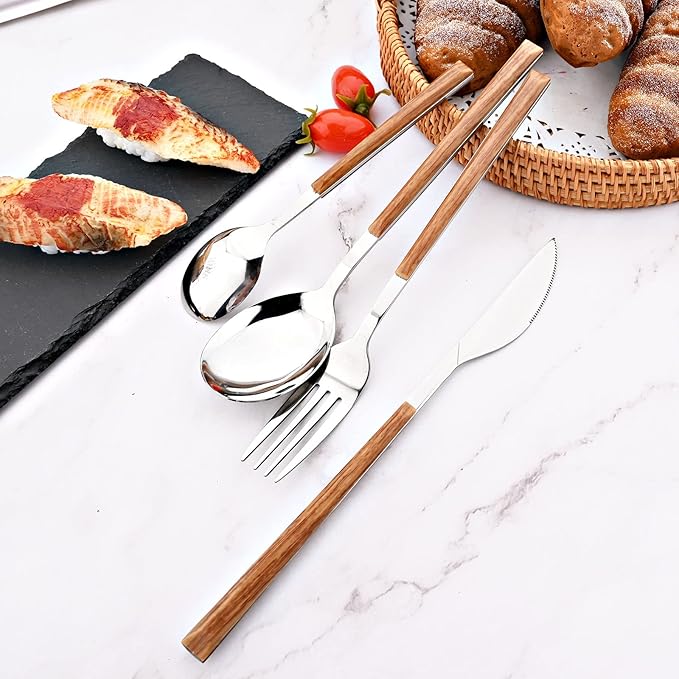 24Pcs Wooden Handle Flatware Silverware Set, Stainless Steel Cutlery Set for 6, Square Handle Eating Utensils, Mirror Polished for Home Kitchen Bar Restaurant