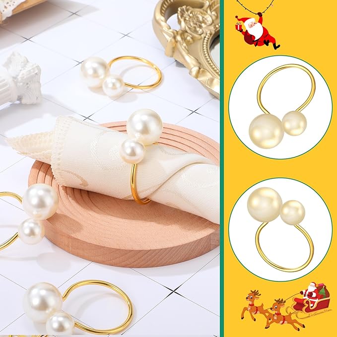 Sliner 36 Pcs Pearl Napkin Rings, Gold Table Napkin Holder Buckles for Dinning Table Setting Christmas Wedding Party Supplies