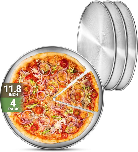 Stainless Steel Plates, 4 Pack 11.8 inch 304(18/8) Metal Food Serving Plate Set, Reusable Snack Eating Dishes Round Shatterproof Plate Silver BBQ Dinner Lunch Dinnerware Oven Dishwasher Safe
