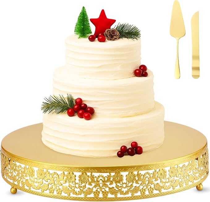 Wenqik 16 Inch Christmas Cake Stand Gold Metal Round Cupcake Dessert Stand with Cake Cutting, Spatula Xmas Cupcake Pastry Display Candy Holder Display for Xmas Wedding Birthday Party(flower, 16 Inch)