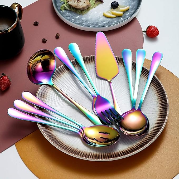 Rainbow 10-Piece Serving Flatware Set - Stainless Steel Silverware with Slotted Spoon, Cake Server, Fork, Soup Ladle